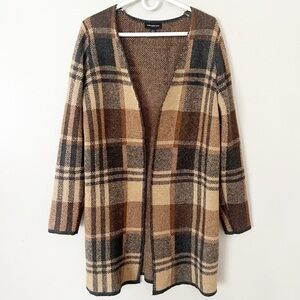 Fortune + Ivy Plaid Open Front Sweater Long Tan Brown Large Academia Equestrian